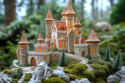 Model of a medieval stone castle with towers on a stone with moss. Medieval fairytale castle.