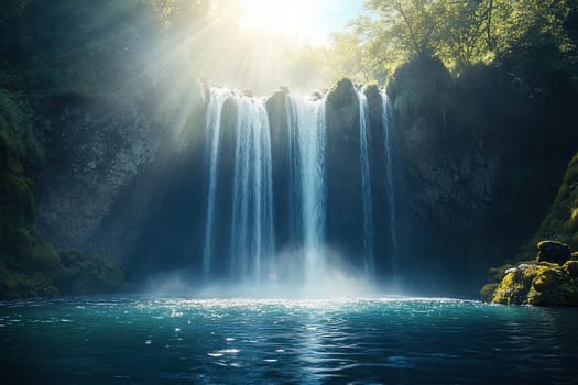 Beautiful waterfall in the sun. Natural landscape with a waterfall, rock and bay illuminated by the bright sun.