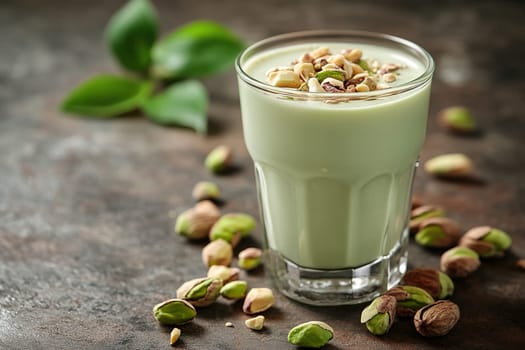 Pistachio milk in glass and pistachio nuts nearby, food photo