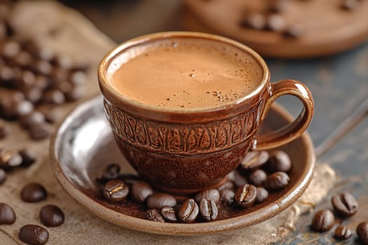Clay coffee cup with saucer and hot aromatic coffee. Eastern coffee traditions.
