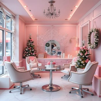 beauty salon in pink tones interior design furniture room chairs Christmas holiday tree. High quality photo