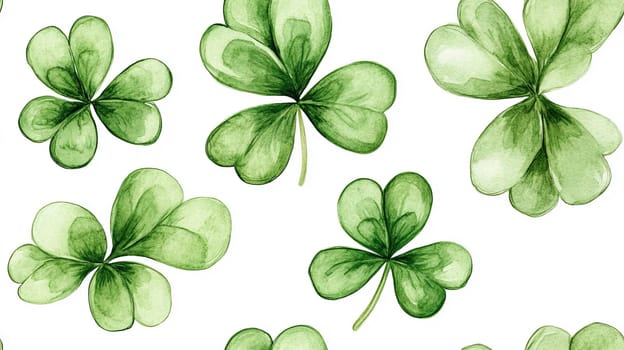 Watercolor-style Seamless Pattern of Green Shamrocks for Saint Patrick's Day Celebration. Festive Decor, Greeting Cards, and Party Invitations concept.
