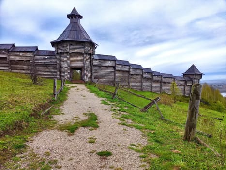 Wooden ancient Russian fortress at the filming location of the Heart of Parma in Russia in the Perm Region
