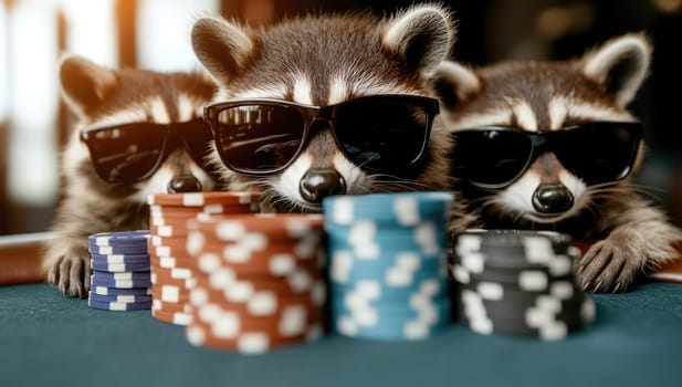 Three raccoons wear sunglasses while sitting at a poker table stacked with colorful chips. The atmosphere is fun and playful, evoking a competitive spirit in the setting.