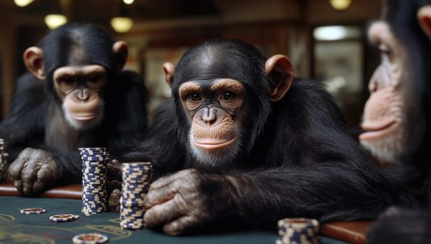 Three chimpanzees sit around a casino table, carefully studying their poker hands. Colorful poker chips stack between them as they focus on the game, creating a fun atmosphere.