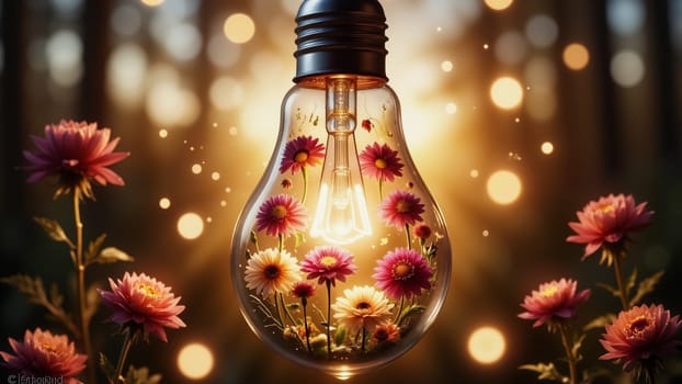 A light bulb with flowers inside of it