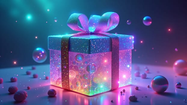 A clear box with a red ribbon on top of it. The box is filled with small, colorful spheres