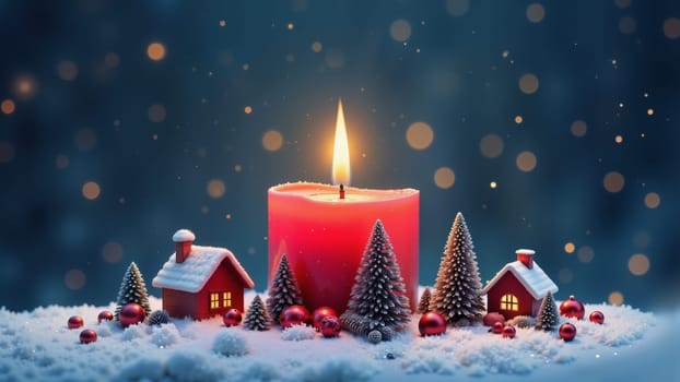 A red candle is lit in front of a house and a tree. The scene is set in a snowy landscape, with a cozy and warm atmosphere