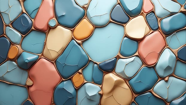 A blue and gold stone wall with a blue and gold stone background. The wall is made of small stones and the background is made of larger stones