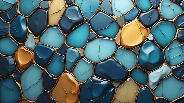 A blue and gold stone wall with a blue and gold stone background. The wall is made of small stones and the background is made of larger stones