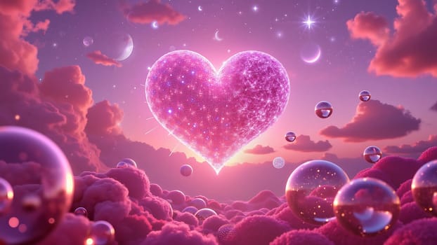 A heart made of glitter is floating in the sky above a cloudy background