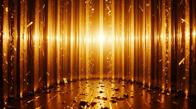 A room with a lot of gold and a lot of light. The light is coming from the top of the room