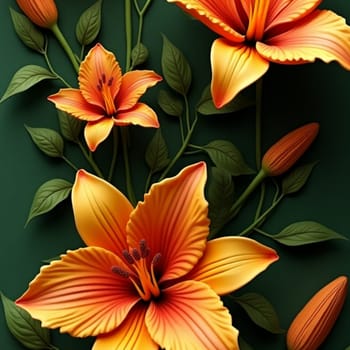 beautiful yellow orange flowers green leaves art background flora. High quality photo