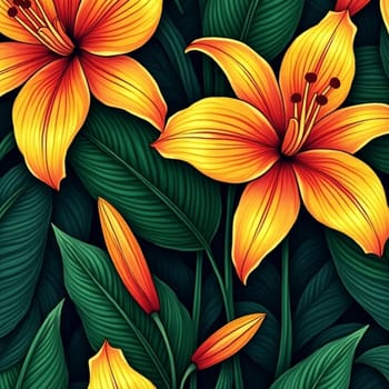 beautiful yellow orange flowers green leaves art background flora. High quality photo