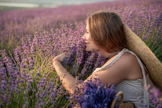 A woman is sitting in a field of lavender flowers. She is wearing a straw hat and holding a basket of flowers. The scene is peaceful and serene, with the woman enjoying the beauty of the flowers