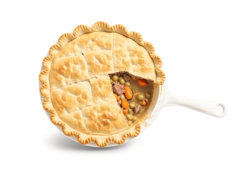 Classic beef pot pie with flaky golden crust, steaming hot interior, vibrant colors, rustic charm, inviting spoon plunge..