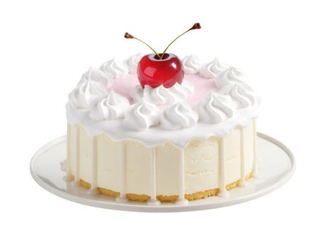 Tres Leches Cake, light sponge cake soaked in three types of milk, topped with whipped cream, garnished with maraschino cherry,..