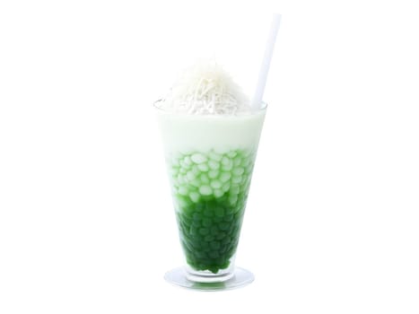 Cendol, shaved ice dessert with pandan jelly noodles, coconut milk and palm sugar syrup, served in tall glass, garnished with..