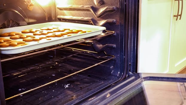 Scrumptious gingerbread cookies getting baked to perfection in a gas oven, filling the kitchen with warm, aromatic holiday bliss.