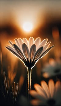 The daisies are bathed in soft, golden light from the setting sun. Their delicate petals create a beautiful contrast against the blurred, warm-toned background, adding a peaceful and dreamy quality to the scene.