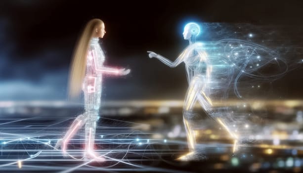 A human doctor and an AI-powered robotic surgeon collaborate seamlessly in a state-of-the-art medical facility, showcasing the potential of combined intelligence in advancing healthcare. Surrounded by holographic displays and robotic counterparts, this image captures the symbiosis of human touch and artificial precision.