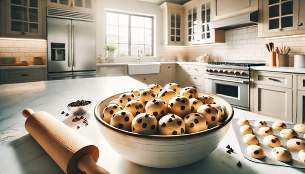 A warm, inviting kitchen scene with a focus on a bowl of unbaked cookie dough balls on a modern countertop. Surrounding the bowl are baking essentials like eggs, flour, and chocolate chips, while natural light streams through the window, illuminating the cozy, homely atmosphere. The background features clean white cabinetry and a baking tray with fresh cookies.