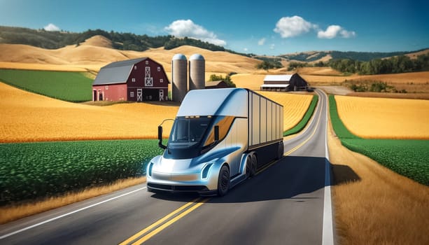 With the golden glow of wheat fields as its backdrop, an innovative electric truck makes its way along a winding country road, showcasing a blend of traditional scenery and modern technology.