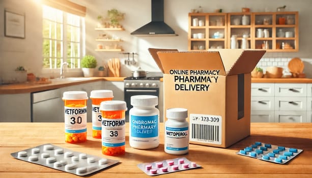 The image captures prescription medication bottles labeled with a patient's name, delivered by an online pharmacy. The background features a warm, homey kitchen with soft lighting and an open Amazon delivery box.