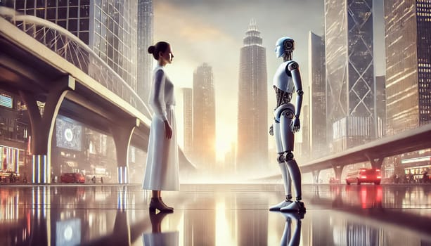 A woman and a humanoid robot stand facing each other in a serene, futuristic city at dawn. The soft light reflects off the sleek surfaces around them, highlighting the contrast between the organic and synthetic forms in this moment of contemplation.