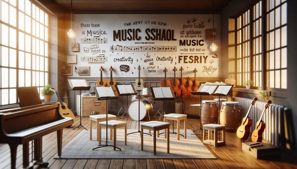 Golden sunlight bathes a serene music classroom, where various instruments wait silently for the touch of aspiring musicians.
