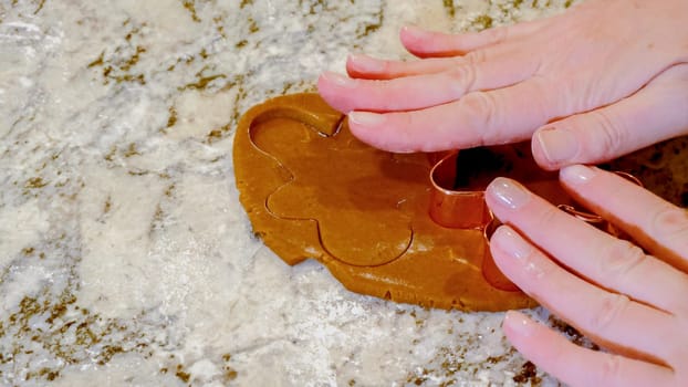 Using various festive cookie cutters, we're cutting out charming gingerbread cookies from the rolled dough on the sleek marble counter, bringing holiday cheer to the modern kitchen.
