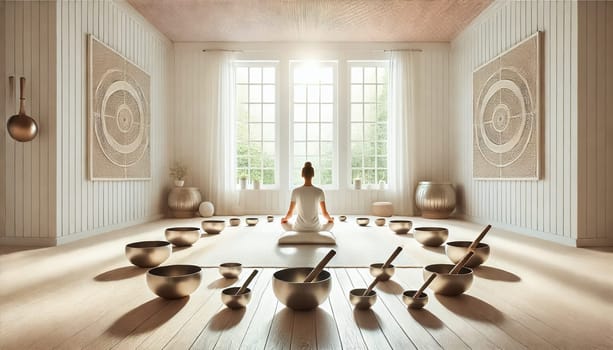 A peaceful and airy meditation room featuring a person seated cross-legged, surrounded by metallic singing bowls neatly arranged on a soft, circular rug. Sunlight streams through large windows, illuminating the minimalist decor of light wood and neutral tones. The calm atmosphere is perfect for mindfulness and relaxation, enhancing the meditative practice.