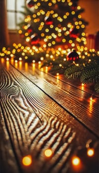A wooden floor glows under festive red and golden Christmas lights, with a shallow depth of field softly blurring the background. The cozy reflections, pine branches, and ornaments create a dreamy, warm holiday scene.