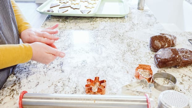 Using an adjustable rolling pin to roll out gingerbread cookie dough on the elegant marble counter in a modern kitchen, getting ready for festive holiday baking.