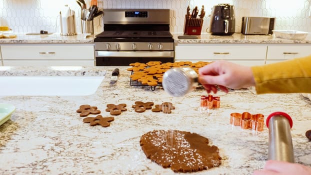 Using an adjustable rolling pin to roll out gingerbread cookie dough on the kitchen counter, getting ready for festive holiday baking.