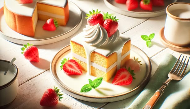 These images showcase a moist slice of tres leches cake topped with whipped cream, fresh strawberries, and mint leaves. The bright natural lighting highlights the soft texture of the cake, with creamy milk pooling around the base. The setting features a sunny, inviting atmosphere with additional dessert items and fresh strawberries in the background.