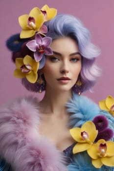 Vibrant portrait featuring woman with purple hair adorned with colorful orchids and luxurious fur. Elegant, artistic expression blending fashion and nature. Perfect for beauty, style, floral themes