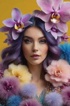 Enchanting portrait of woman with purple hair adorned with vibrant orchids and fluffy pastel flowers. Captivating blend of fashion and nature, showcasing elegance, creativity, and modern style