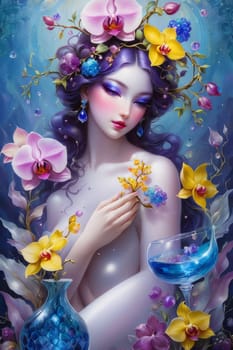 Whimsical, dreamy portrait of ethereal woman with violet hair, surrounded by colorful orchids and vibrant floral elements. Fantasy-inspired, enchanting composition, for themes of beauty, nature, magic