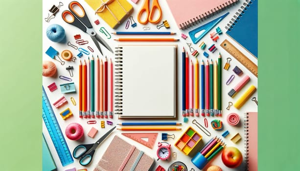 Vibrant art supplies and stationery items are thoughtfully arranged in a circular pattern, creating a colorful palette of creativity on a white background.