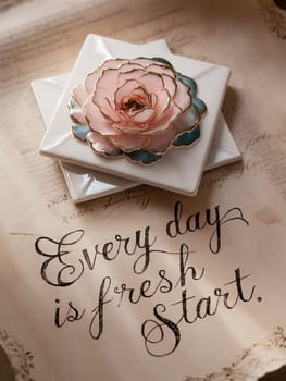 Beautifully adorned dish with a rose design rests on a vintage background featuring an encouraging handwritten quote, every day is a fresh start, promoting positivity and new beginnings