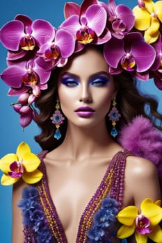 Vibrant portrait featuring elegant woman adorned with colorful orchids, vivid makeup, intricate jewelry. Striking contrast of pink, yellow flowers against deep blue background creates luxurious feel