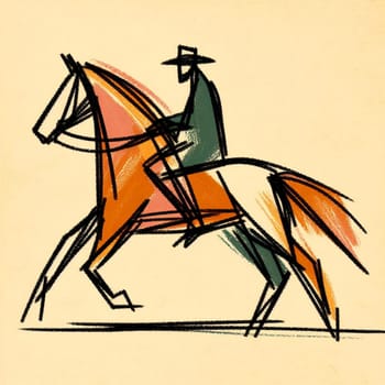 Abstract doodle style sketch of a cowboy riding a horse with pastel sticks on a minimalist background