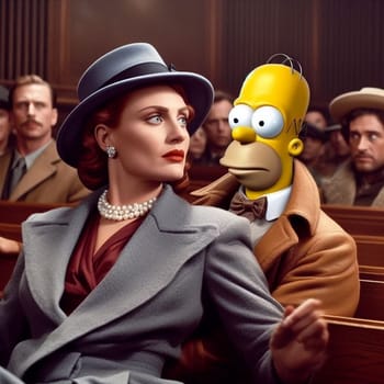 Stylized illustration of a woman and an animated figure in a mid-20th century courtroom setting
