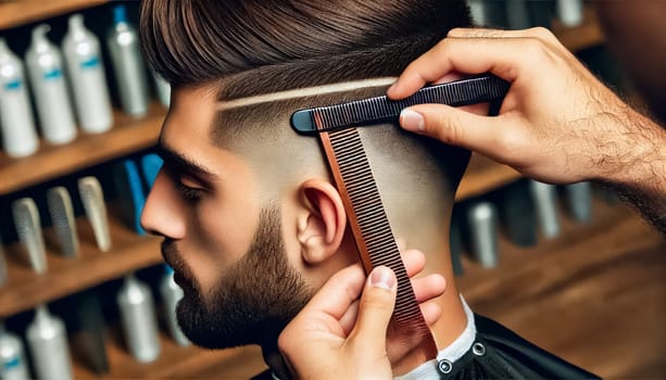 Hairdresser carefully crafting a precise haircut, viewed from behind, using scissors and a comb. The shallow depth of field (f1.2) emphasizes the sharpness of the haircut against a softly blurred background.