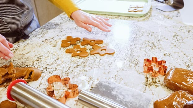 Using various festive cookie cutters, we're cutting out charming gingerbread cookies from the rolled dough on the sleek marble counter, bringing holiday cheer to the modern kitchen.
