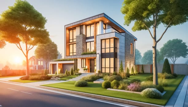 A sleek, contemporary two-story house with large glass windows and a stone exterior. The beautifully landscaped front yard features garden beds and walkways, with the home bathed in the soft glow of sunset.