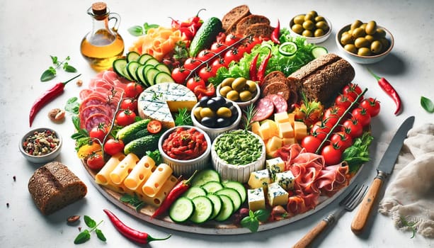 A slightly elevated side-top view of a Mediterranean charcuterie spread on a white background. The layout includes fresh vegetables, cheeses, cured meats, and crusty bread, arranged in a colorful and inviting display, perfect for gatherings and festive occasions.