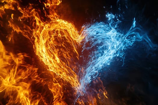 A stunning visual shows a heart formed by fire and water, symbolizing the beautiful duality of love