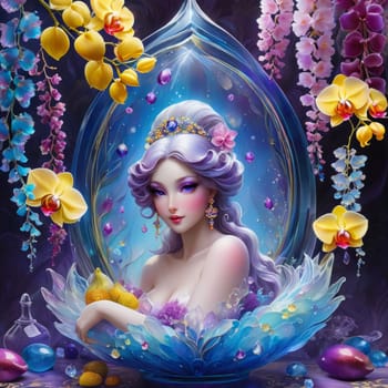 Magical portrait of ethereal woman with lavender hair, surrounded by vibrant flowers and mystical elements. Enchanting, fantasy-inspired scene, perfect for themes of beauty, elegance, and wonder